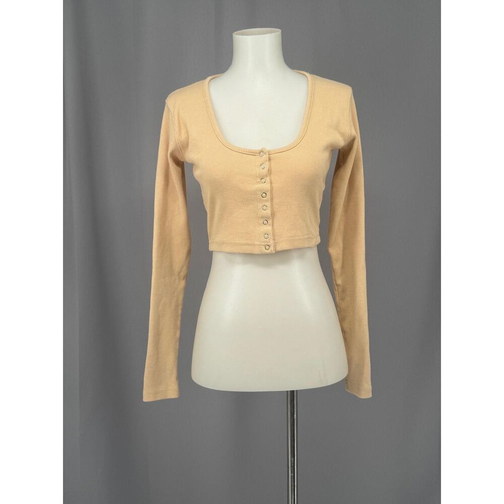 Meshki Cropped Shirt Womens Small Scoop Neck Long Sleeve Slim Top Button Y2K